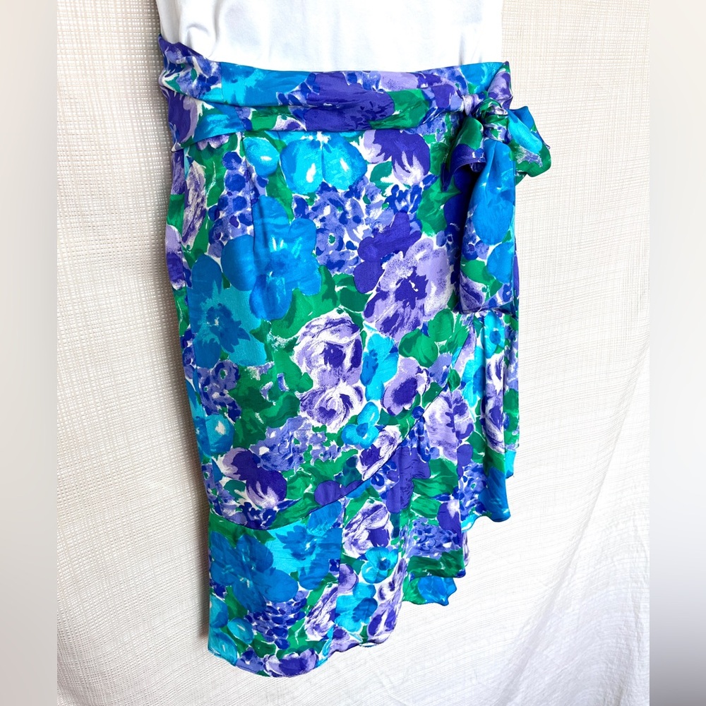 Vintage 80s Floral Ruffled Wrap Midi Skirt Resortwear Wedding Beach Cover Up